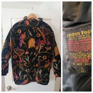 Vtg London Fog Puffer Jacket Coat Large Velvet Floral Padded Bird Pockets Rear
